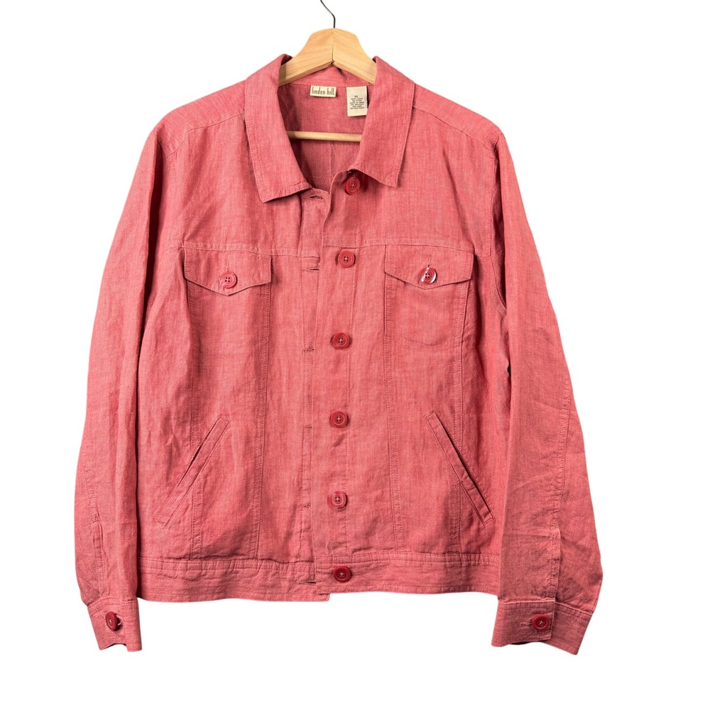 Linden Hill Womens XL Pink 100% Linen Button Front Trucker Jacket Lightweight